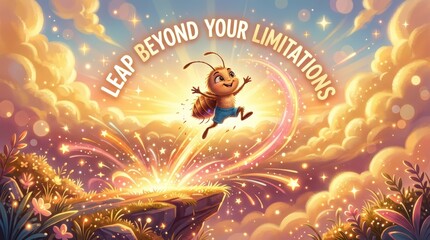 Fototapeta premium Animated ant leaps beyond limitations into a sky full of fireworks and clouds, symbolizing achievement and breaking boundaries