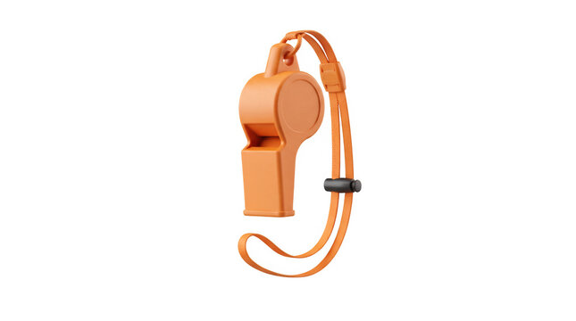 Orange plastic sports whistle with neck lanyard, athletic coach whistle for training and refereeing, safety signal tool on white background