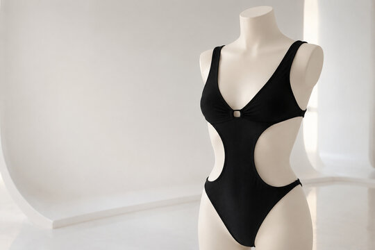 Faceless dress form mannequin wearing black cutout monokini, studio cyclorama, swimwear display