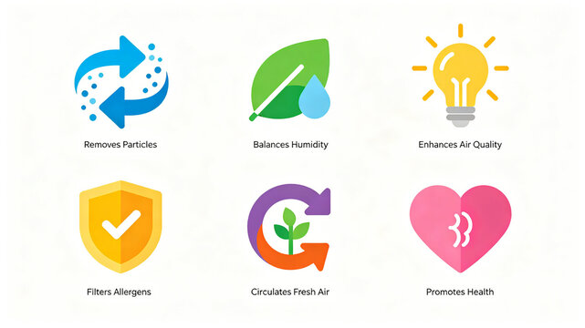 Flat air handling function icon, representing the filtering of particulate matter to balance humidity, suitable for purifier product introductions and web UI materials.
