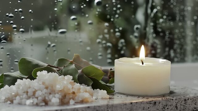 Burning white candle with bath salt and green leaf near window during rainy day for relaxation and wellness