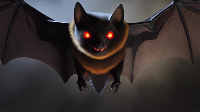 A black bat flying directly toward the camera with wings flapping powerfully, rapidly growing larger as it closes the distance, sharp detailed wing texture and glowing red eyes catching dim moonlight.