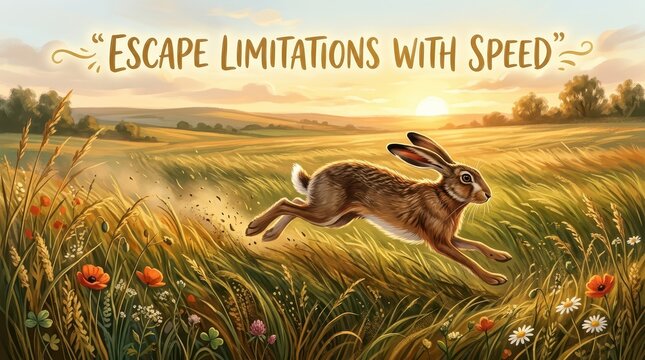 A wild hare running through a golden field at sunset with the text "Escape Limitations With Speed" above, evoking freedom and speed.