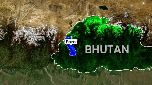 Detailed aerial motion graphic highlighting bhutan and paro video footage clip
