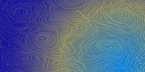 Abstract topographic map background pattern with white dashed contour lines on a blue and yellow gradient texture geographic lines elevation map sci fi cartography topography abstract gradient © MOHAMAD