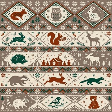 Nordic fair isle jacquard pattern featuring woodland animals like foxes, bears, and deer in a cozy winter forest setting. Seamless repeating background for holiday textile design.