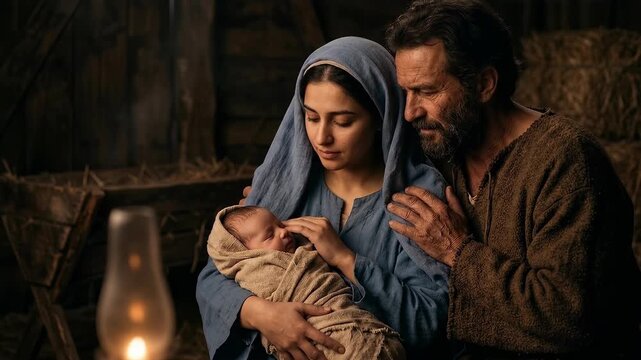Virgin Mary wearing a blue robe and Saint Joseph in brown holding newborn baby Jesus Christ swaddled in cloth inside a dark rustic stable illuminated by warm oil lamp light