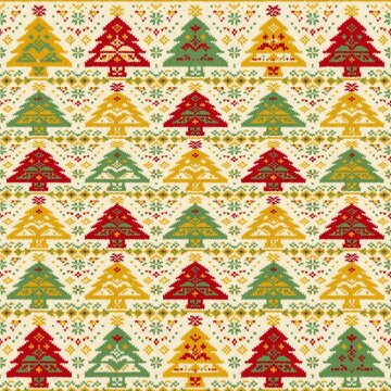 Traditional ugly Christmas sweater knit texture with repeating rows of festive pine trees and snowflakes in red, green, and yellow for a cozy seamless holiday background.
