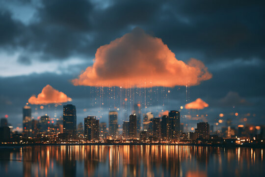 Digital Cloud Computing Data Streaming Over a Modern City Skyline at Night