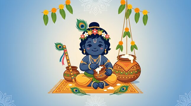 Krishna Janmashtami Vector Illustration with Cute Little Krishna Holding Butter Pot, Traditional Indian Arch Frame, Diya Lamp, and Offerings