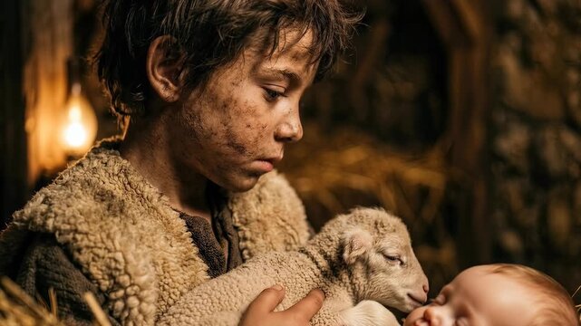 young humble shepherd boy holding a gentle lamb gazing with pure devotion at sleeping newborn jesus christ inside a warm rustic stone stable during the holy christmas nativity