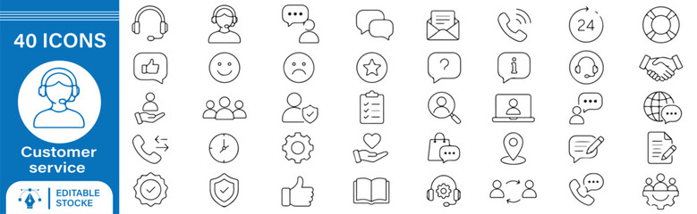 Fototapeta premium 40 Customer Service Vector Outline Icons Set – Support, Help Desk, Call Center, Communication and Client Assistance Line Symbols Collection