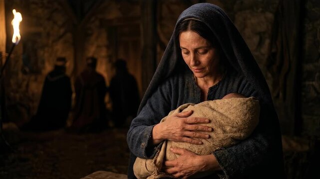 virgin mary wearing a blue veil tenderly holds newborn jesus christ inside a dark rustic stone stable while three wise men kneel in the background during the sacred epiphany celebration