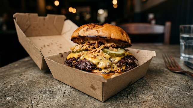 Delicious gourmet burger in a cardboard takeout box on a table at night. clamshell packaging burgers