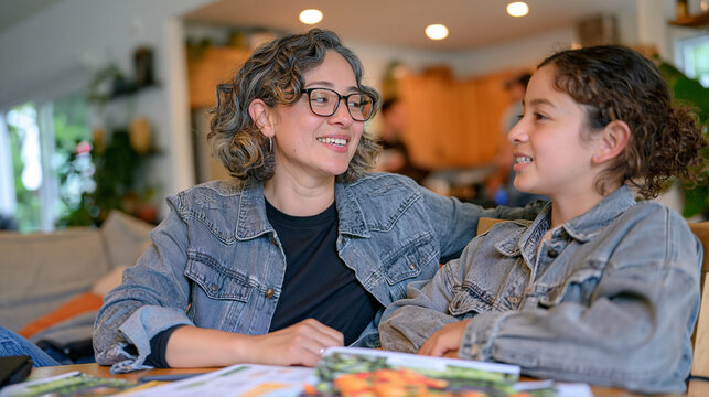 A multigenerational household gathers in a modest home living room where a grandparent records endangered dialect vocabulary with a grandchild, waste management education leaflets visible on the tab