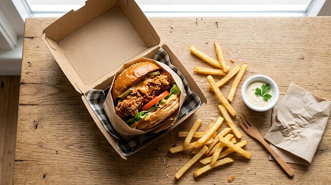 Fresh delicious burger with french fries in a cardboard box on a rustic wooden table. clamshell packaging burgers