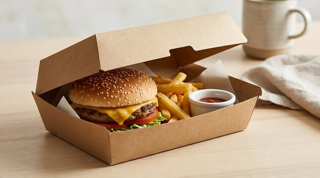 Delicious cheeseburger with french fries in a brown cardboard takeaway food box. clamshell packaging burgers