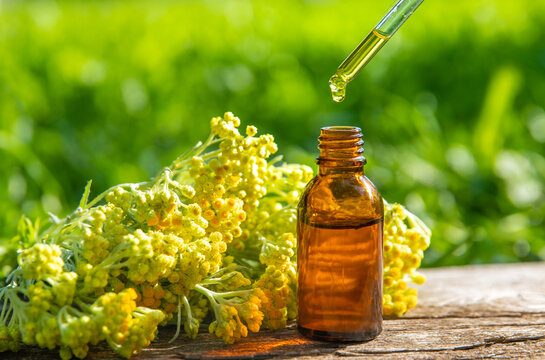 Helichrysum extract in a bottle and capsules. Selective focus.