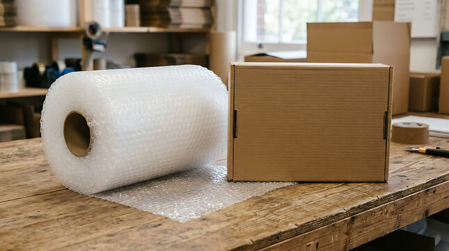 Bubble wrap and cardboard box for packaging and shipping