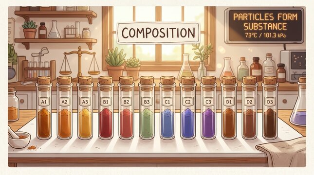 Colorful chemical substances in laboratory test tubes, illustrating scientific composition and experimentation in a vintage style laboratory.