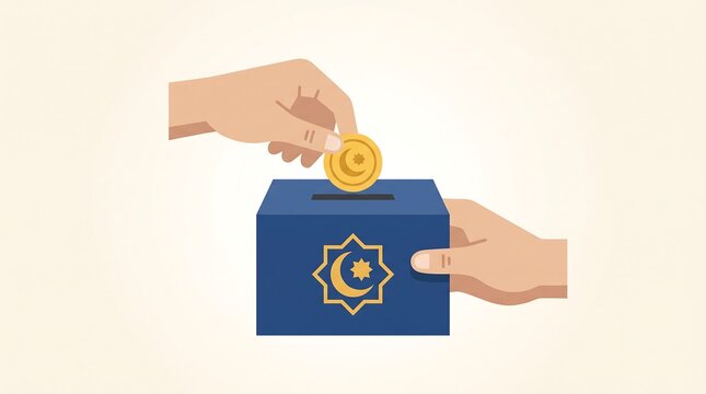 Hands placing a gold coin into a blue charity box with Islamic crescent moon and star symbol vector illustration