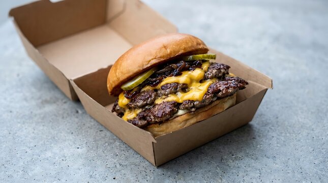 Delicious cheeseburger with meat and vegetables in a cardboard takeaway box. clamshell packaging burgers