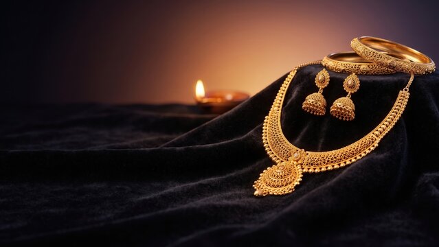 Dhanteras Gold Jewelry Display &ndash; Luxury Dark Velvet Banner