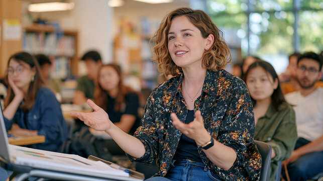 Debate coach gesturing toward a flat icon set on a portable whiteboard in a crowded public library hall, students mid transformation from nervous to confident posture creating a before and after spl