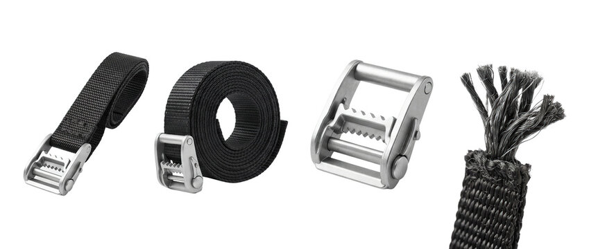 Heavy duty black ratchet straps with metal buckles and frayed rope ends white background ratchet strap tie down white background