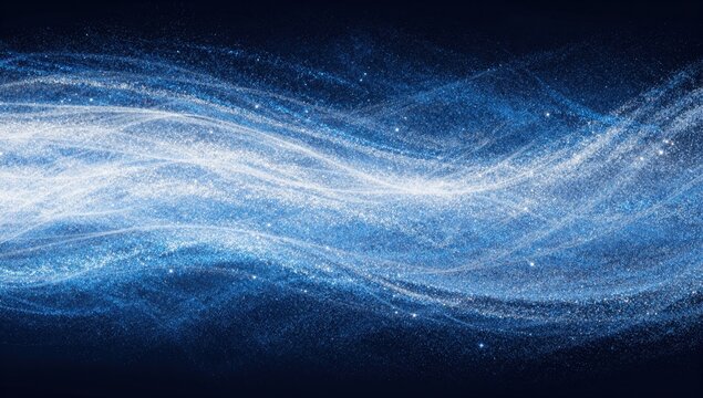 Flowing wave of blue and white glitter particles on a dark background. Horizontal sparkling dust banner overlay for festive lighting effects, luxury design and elegant winter visuals