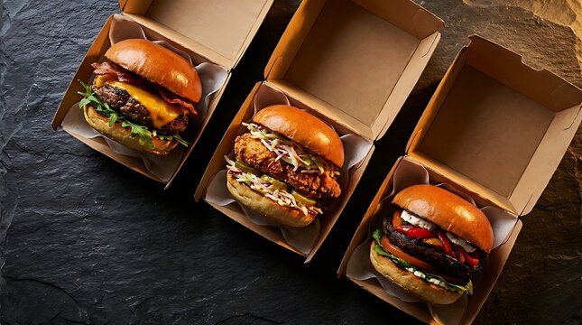 Three delicious beef burgers served in cardboard takeaway boxes on a dark textured table. clamshell packaging burgers