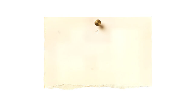Vintage aged paper scrap with brass push pin, antique parchment note on white background, rustic blank memo for scrapbooking