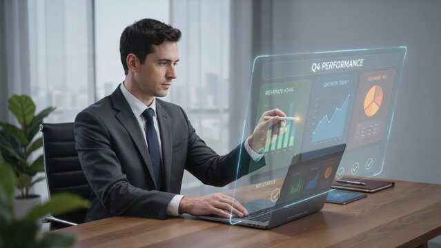 A businessman in a suit sitting at a wooden desk using a laptop with a floating holographic q4 performance dashboard displaying charts and graphs