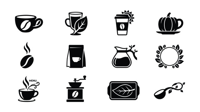 Black and white coffee related icons with transparent background for menu design