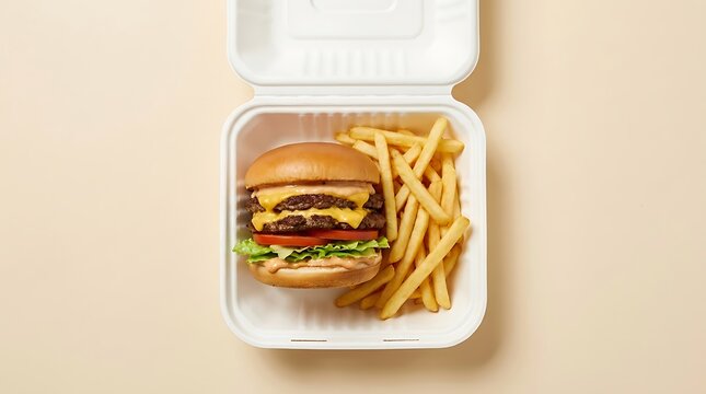 Double cheeseburger and french fries in a takeaway food container. clamshell packaging burgers