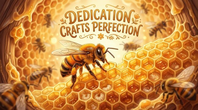 Close-up of a bee on a honeycomb with the text "DEDICATION CRAFTS PERFECTION" in the background, illustrating hard work and nature's precision.