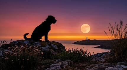 Naklejka premium Silhouette of dog on cliff near ocean with full moon and lighthouse