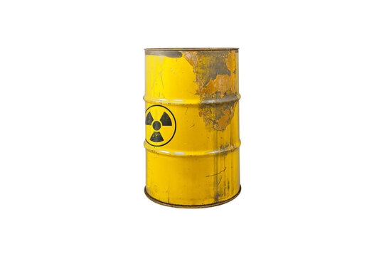 Yellow barrel with radioactive waste. Nuclear warning sign. Rusty dangerous barrel with radionuclide, hazardous toxins on isolated background
