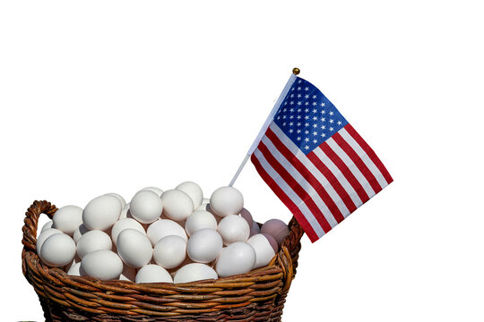 Chicken eggs in a basket with the US flag in the background. Countryside outdoor setting