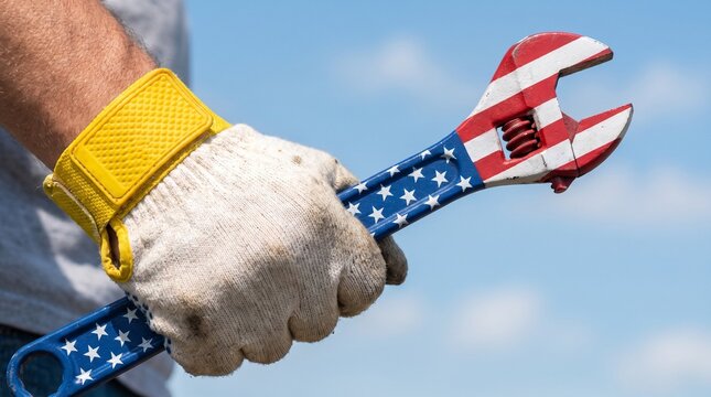 Worker wearing protective glove holding a metal adjustable wrench with american flag pattern with holds wrench painted person wearing work construction professional maintenance