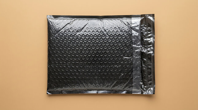 Minimalist black bubble mailer packaging mockup on neutral background for product design