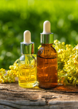 Helichrysum extract in a bottle and capsules. Selective focus.