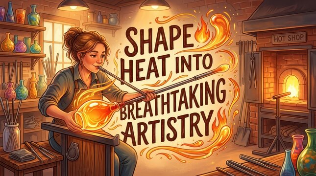 Artisan glassblower shaping molten glass into a breathtaking artwork in a hot shop studio, creativity and craftsmanship