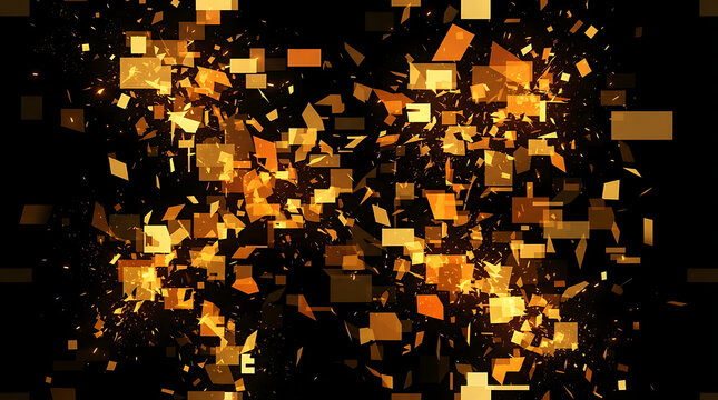 Abstract golden digital corruption background with floating geometric squares and light particles