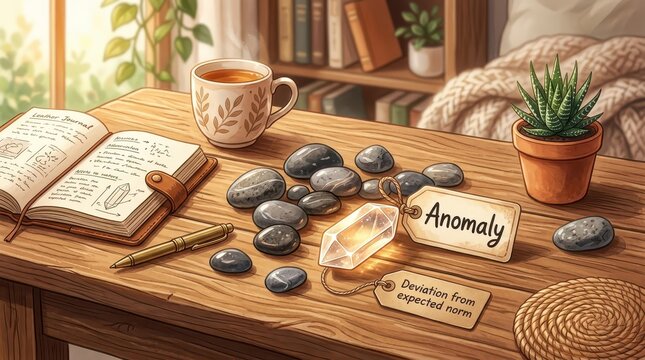 Cozy desk scene with journal, tea, smooth stones, crystal, and plant, symbolizing anomaly and deviation from the norm.
