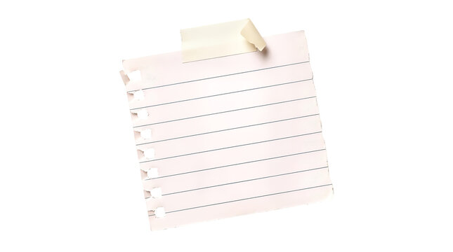 Lined paper note with adhesive tape, torn notebook page on white background, blank memo sheet for reminders and office messages