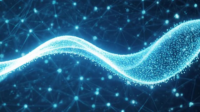 Abstract glowing blue wave forms with particles moving smoothly in digital space during a science concept