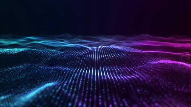 Abstract glowing digital wave forms moving in neon light with subtle particle effects and depth of field
