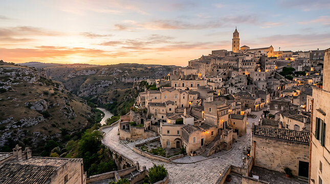 Historic hilltop village at golden hour with ancient stone buildings.