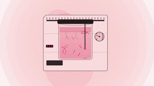 Abstract animated yoghurt culture acidifying drawn as coral and magenta lines and shapes on a bright, clean light background. Seamless looping 4K motion graphics video with free space for text, ideal 